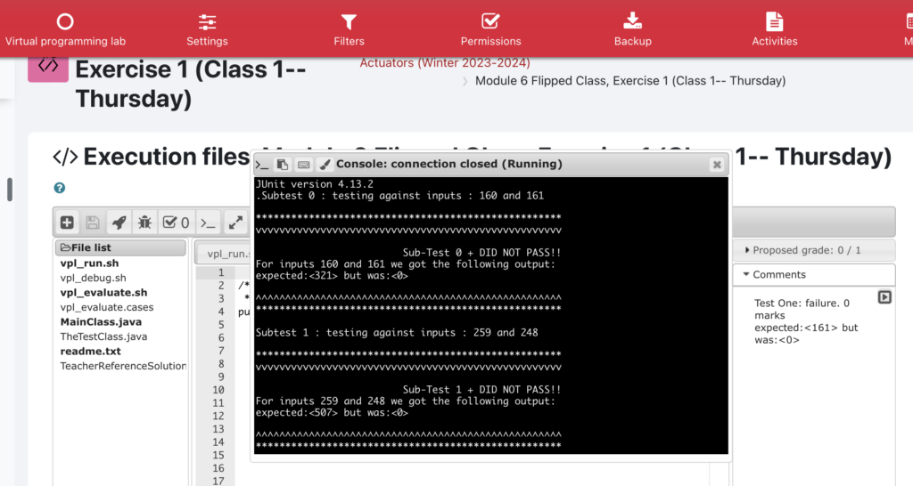 VPL Screenshot showing run mode (in black, centre) and the evaluation mode (white, to the right).  The unit test results show that the student file wasn't correct.Files are listed on the left.